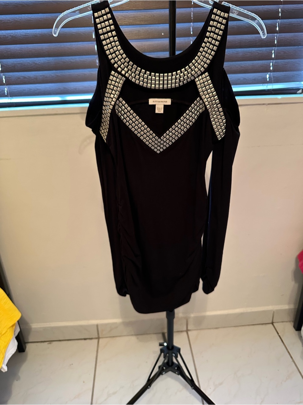 Boston Proper Black Long-Sleeve Cold-Shoulder Dress with Silver Studs